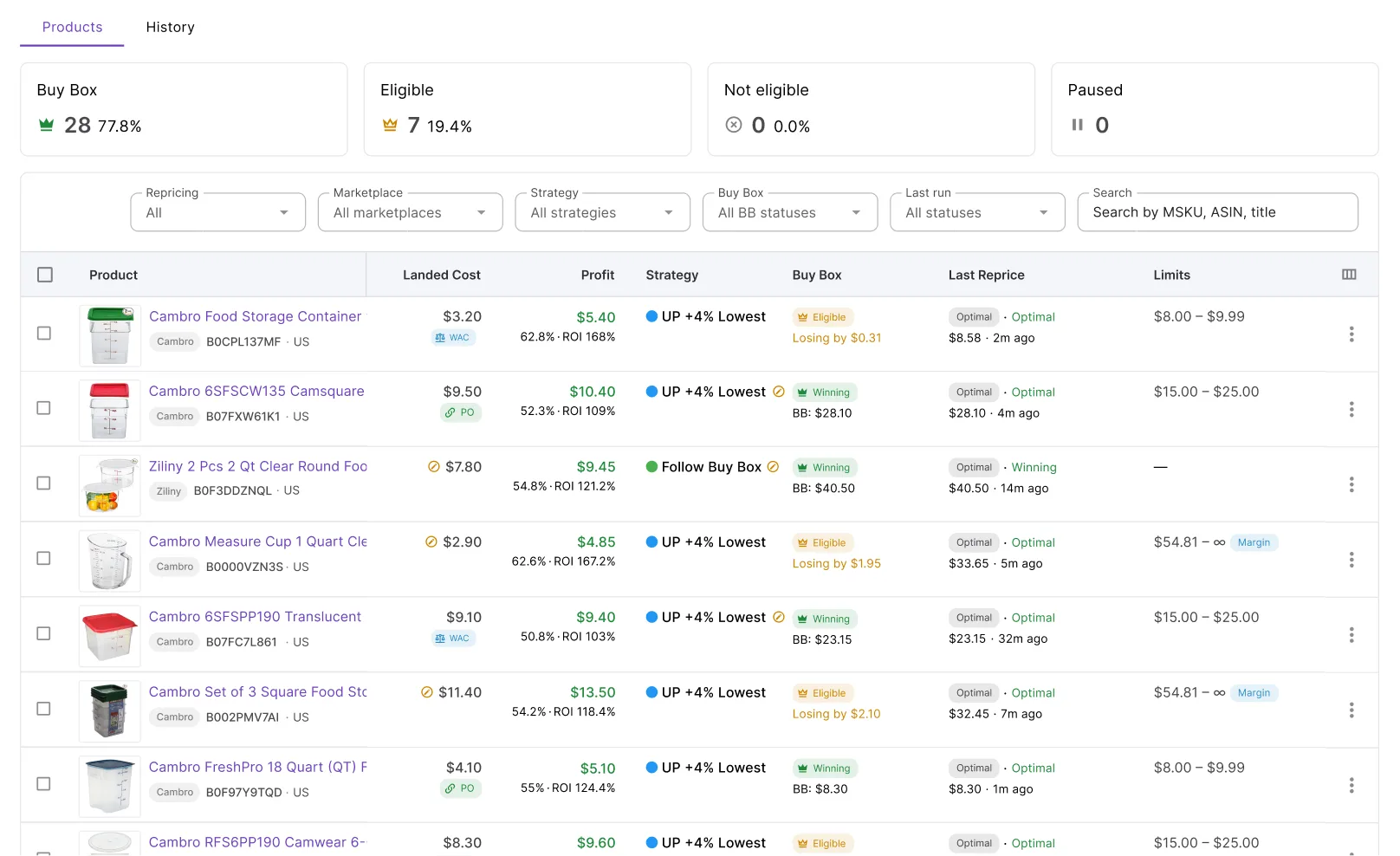 Repricing history showing price changes submitted within minutes