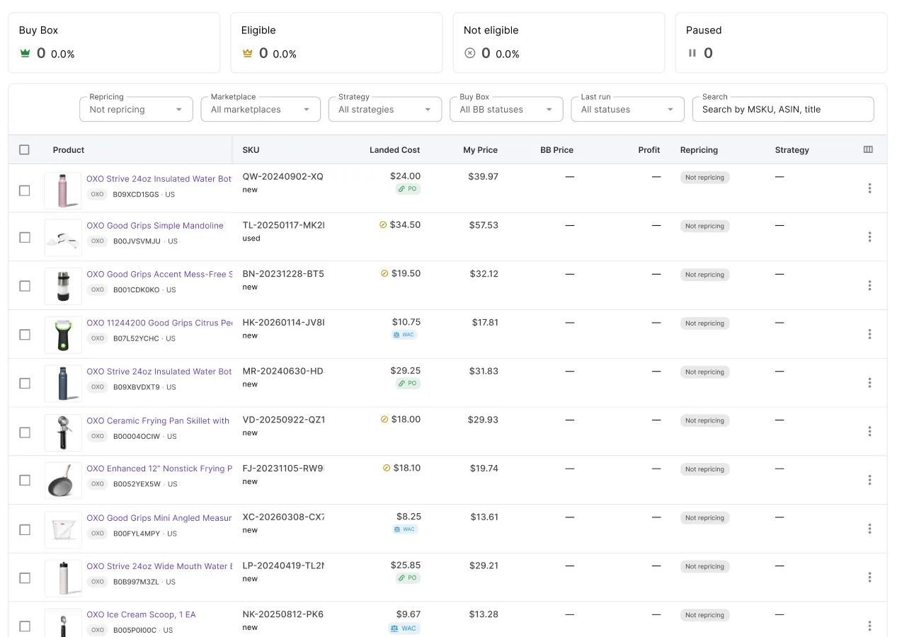 Repricer products view showing enrolled SKUs with Buy Box and eligibility status