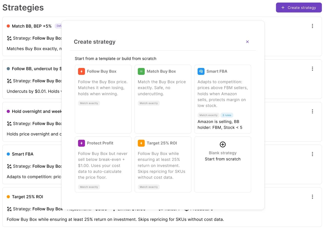 Create strategy dialog showing built-in repricing strategy templates