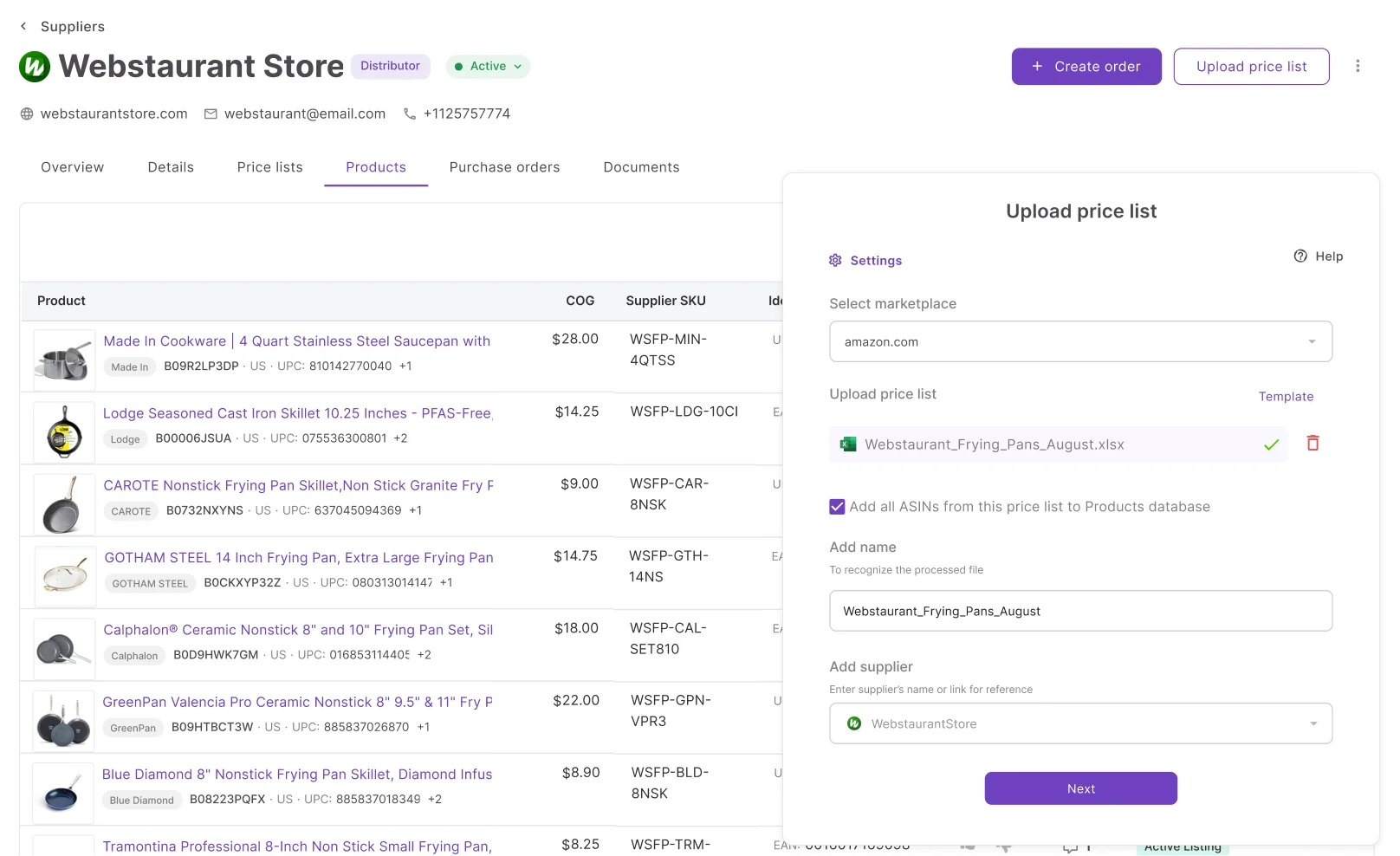 Supplier profile showing accumulated price list history