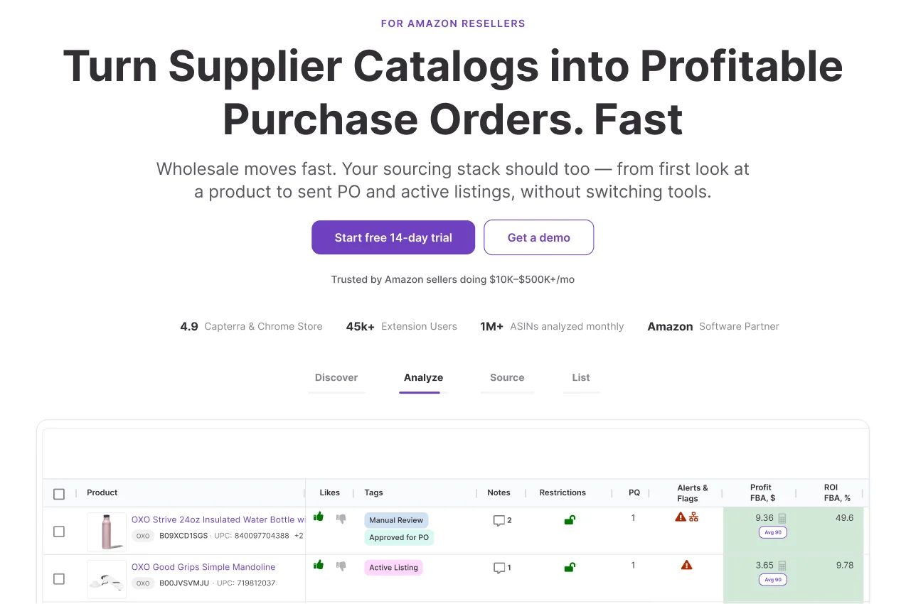 Seller Assistant homepage showing the connected sourcing workflow