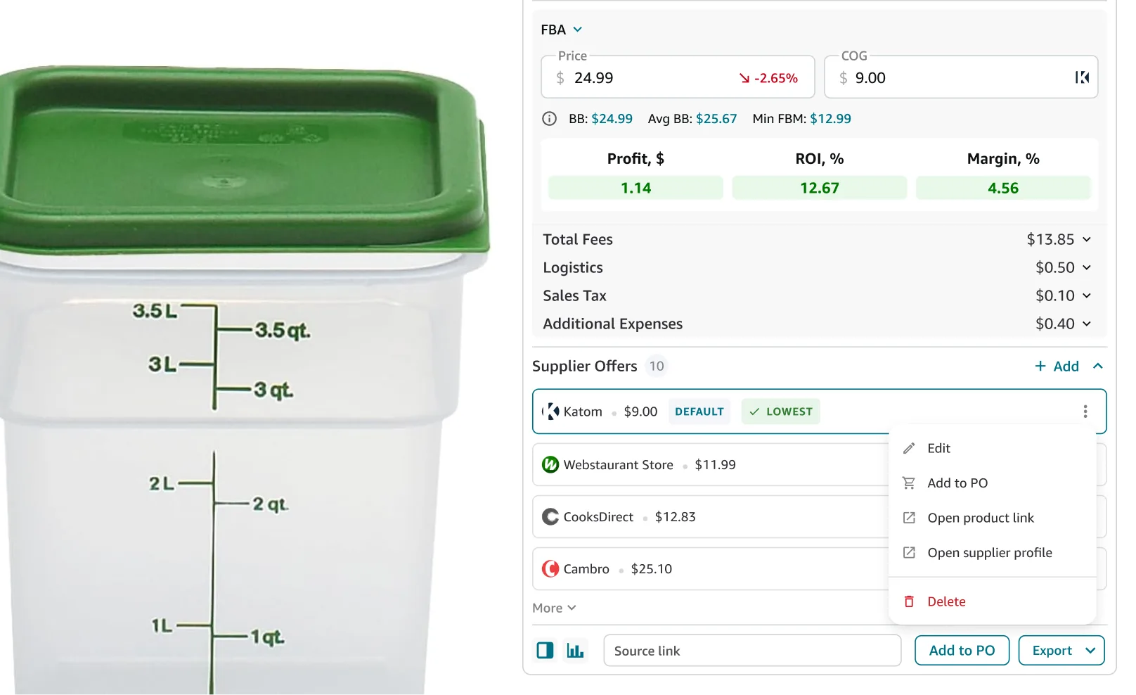 An offer's menu linking to the product page and supplier profile