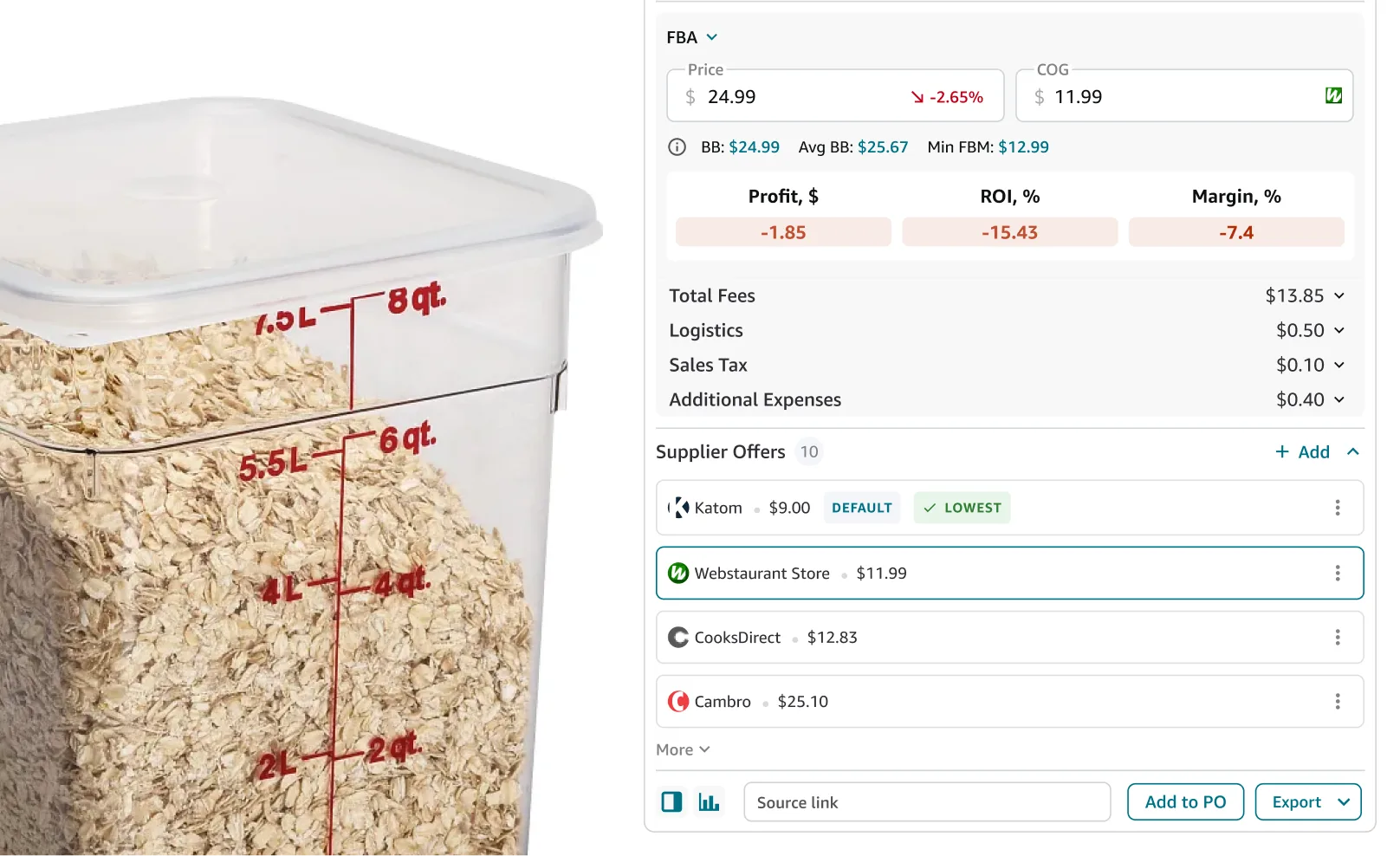 Switching between supplier offers recalculates profit, ROI, and margin