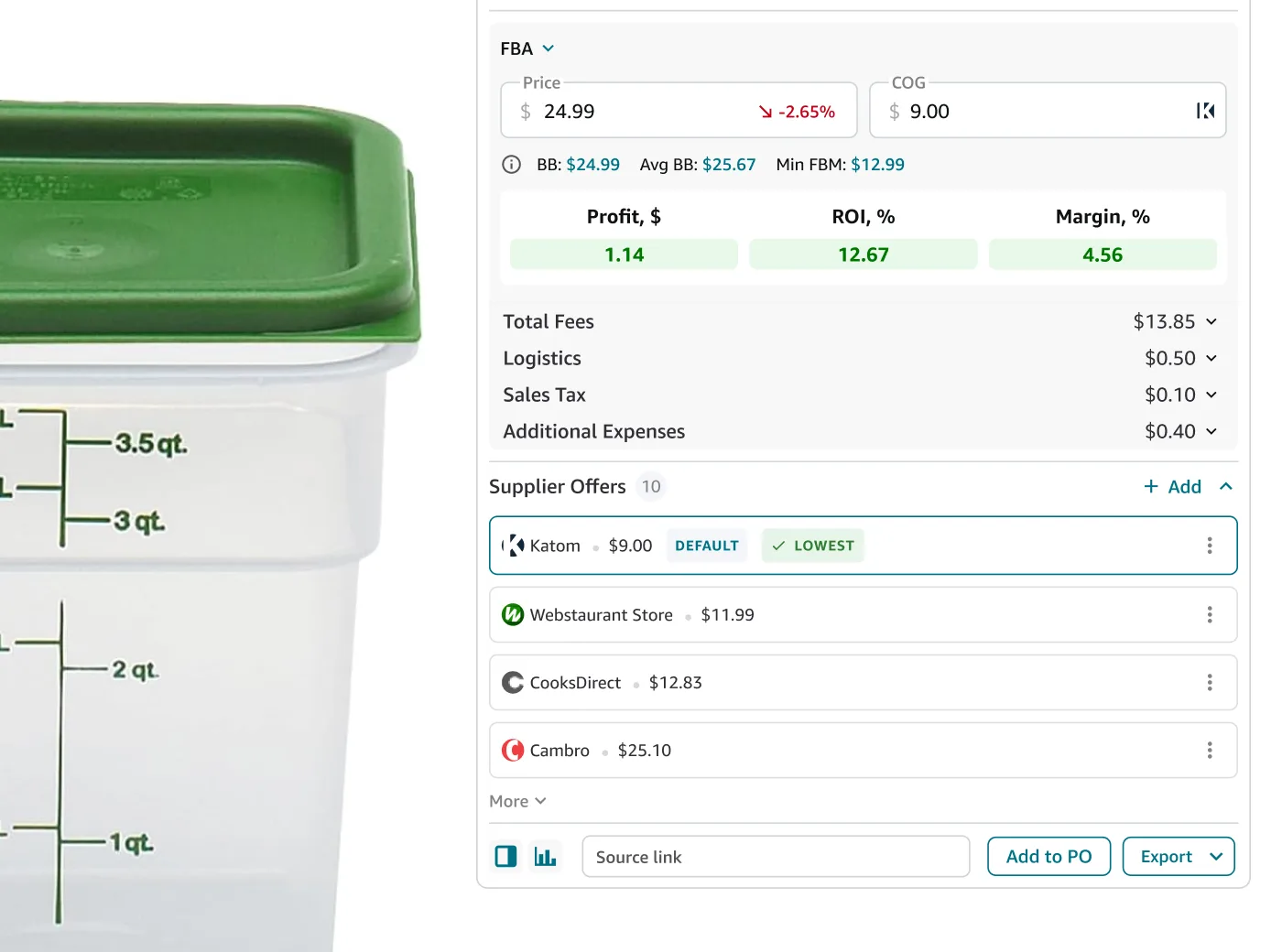 Supplier offers compared with profit, ROI, and margin recalculating per supplier