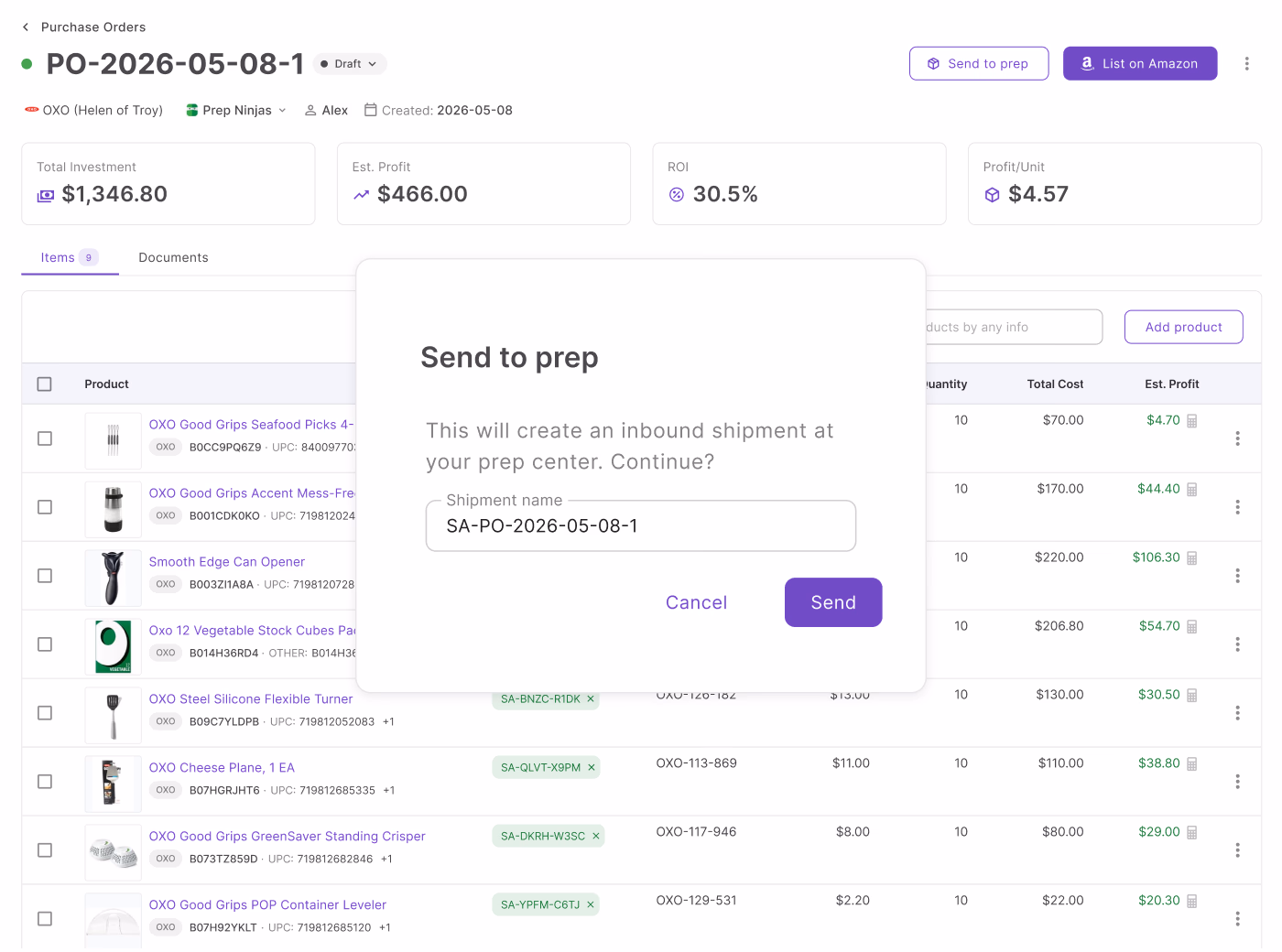 One click from PO to prep center